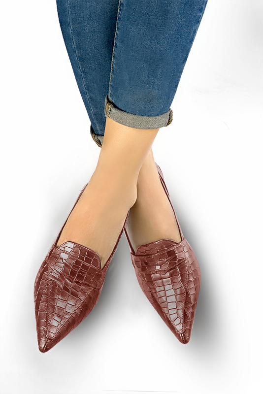 Terracotta orange women's fashion loafers. Pointed toe. Flat flare heels. Worn view - Florence KOOIJMAN